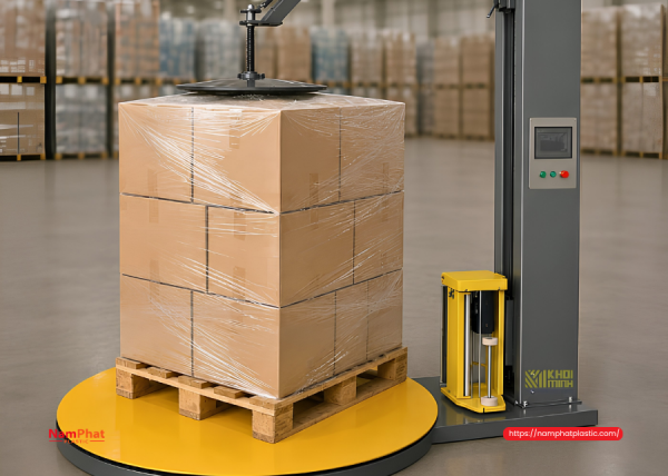 Cách cố định màng tại chân pallet hàng