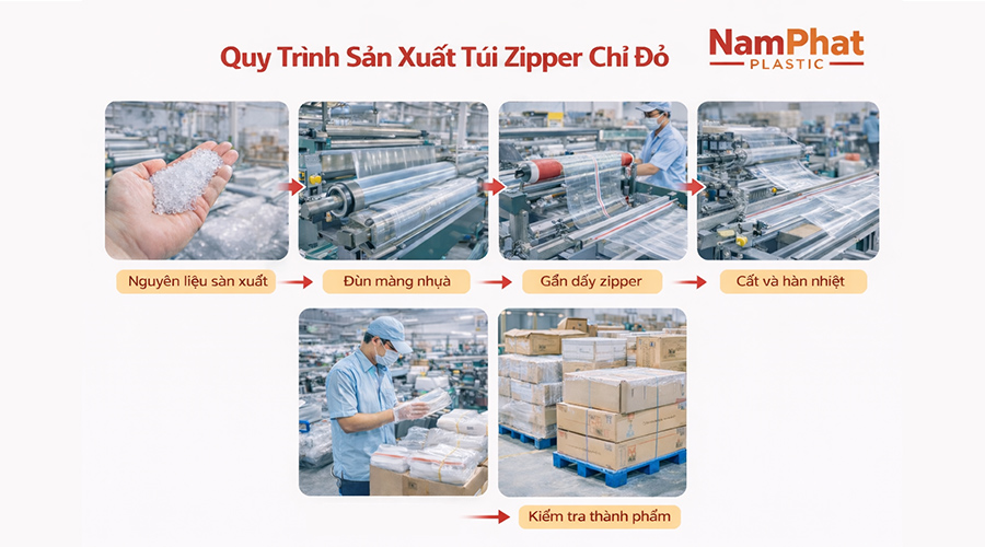 Quy trình sản xuất túi zipper chỉ đỏ