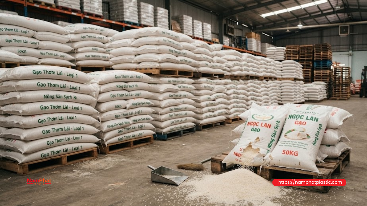 Bao gạo bị rách và hư hỏng do đóng gói không phù hợp Bao gạo bị rách và hư hỏng do đóng gói không phù hợp
