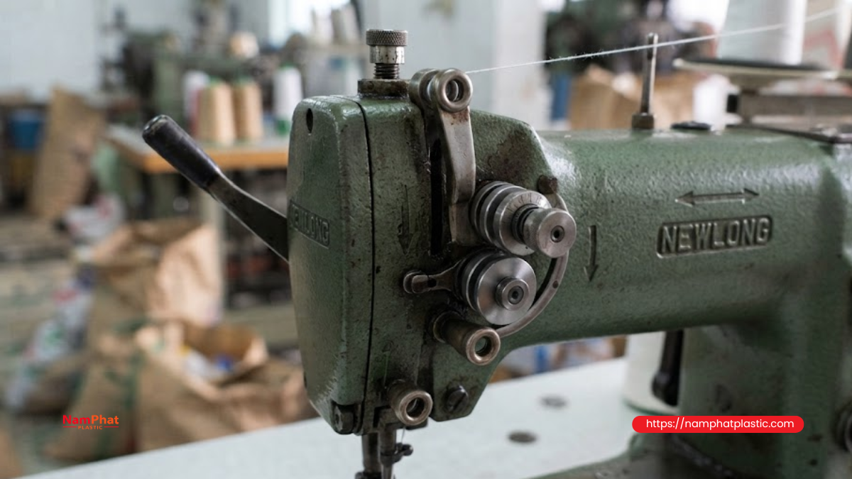 Khoen dẫn chỉ và bộ căng tạo ma sát trong quá trình may bao