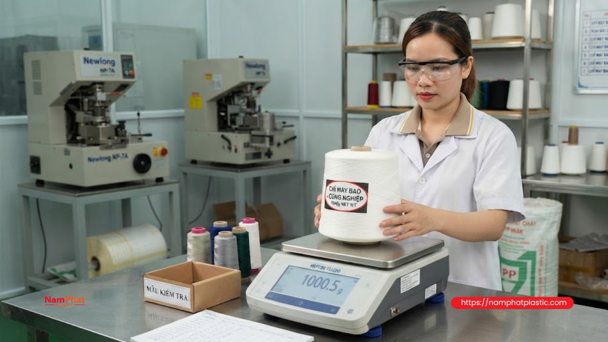 Kiểm tra trọng lượng cuộn chỉ để tính lượng tiêu thụ