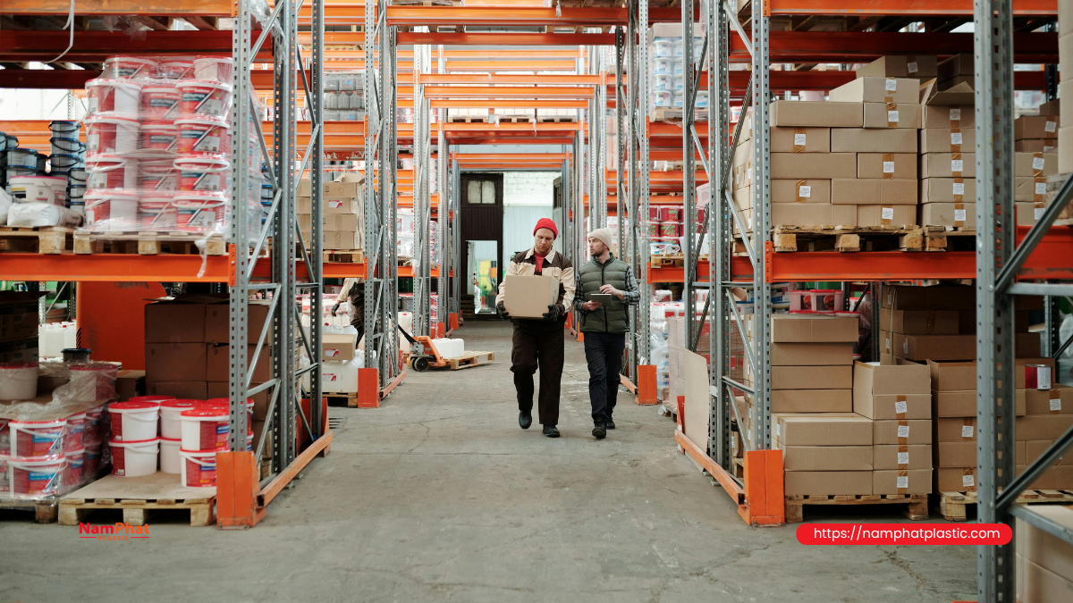 Ba pallet thùng carton, bao nguyên liệu và hàng góc cạnh được phủ túi PE Ba pallet thùng carton, bao nguyên liệu và hàng góc cạnh được phủ túi PE
