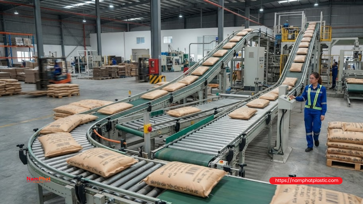 Hệ thống băng tải vận chuyển bao thành phẩm Hệ thống băng tải vận chuyển bao thành phẩm