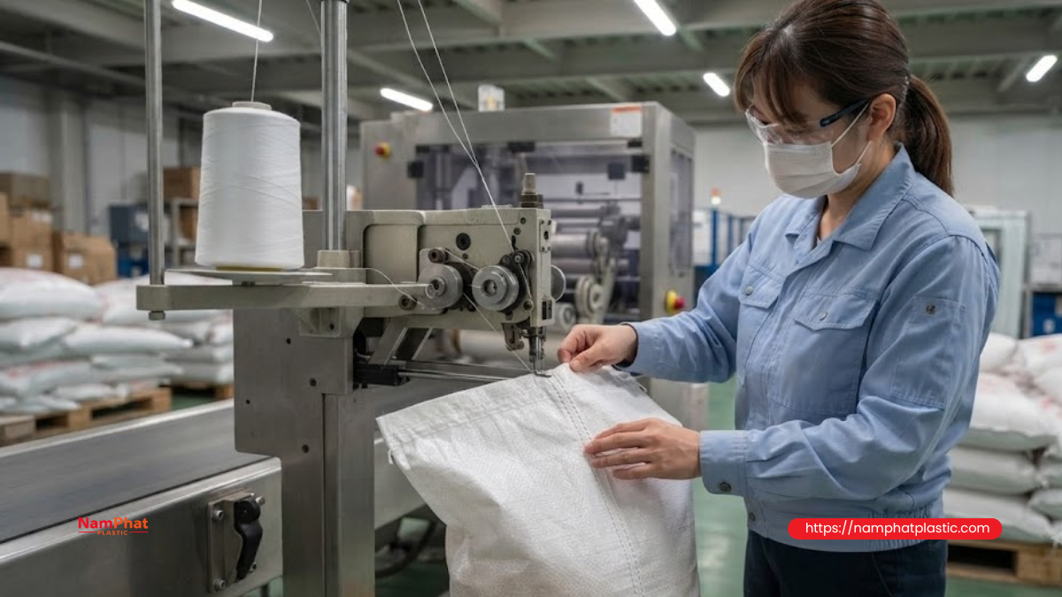 Kiểm tra độ bền đường may sau khi thay lô chỉ may mới trên bao PP