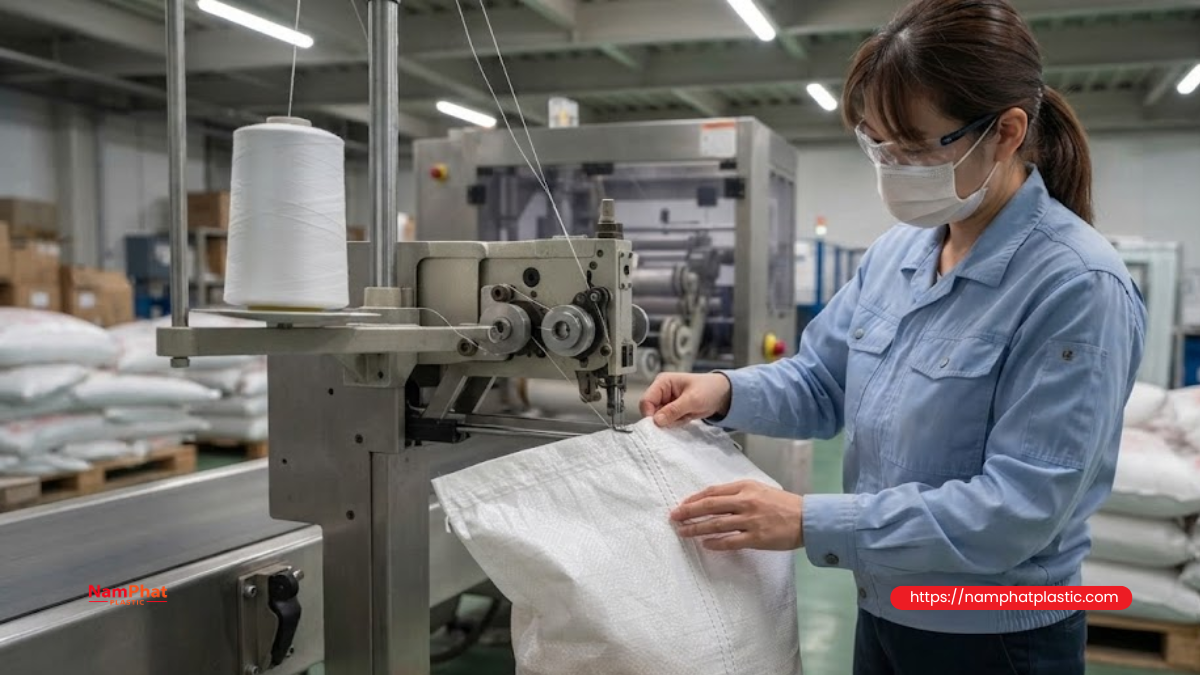 Công nhân kiểm tra đường may bao sau khi may