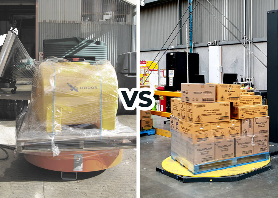 So sánh cuộn màng quấn pallet bằng tay và bằng máy