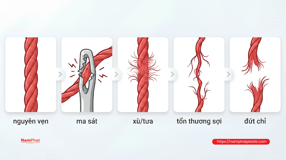 Quá trình ma sát gây tưa và đứt chỉ may bao khi chạy máy Quá trình ma sát gây tưa và đứt chỉ may bao khi chạy máy