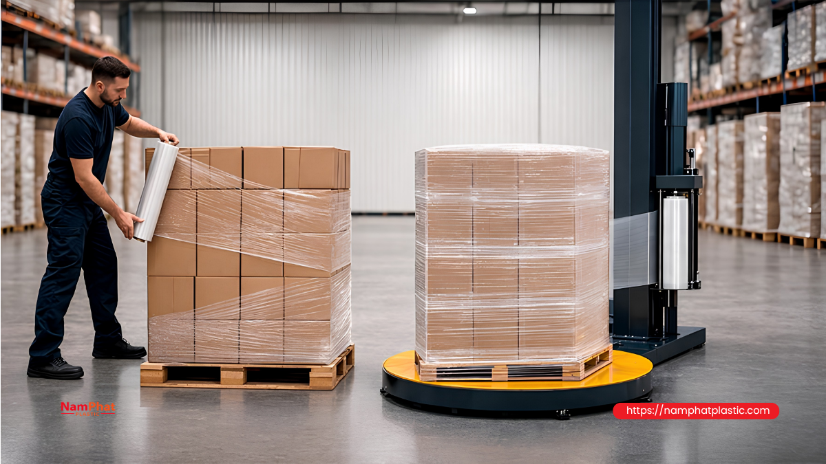 So sánh màng PE quấn pallet bằng tay và quấn máy