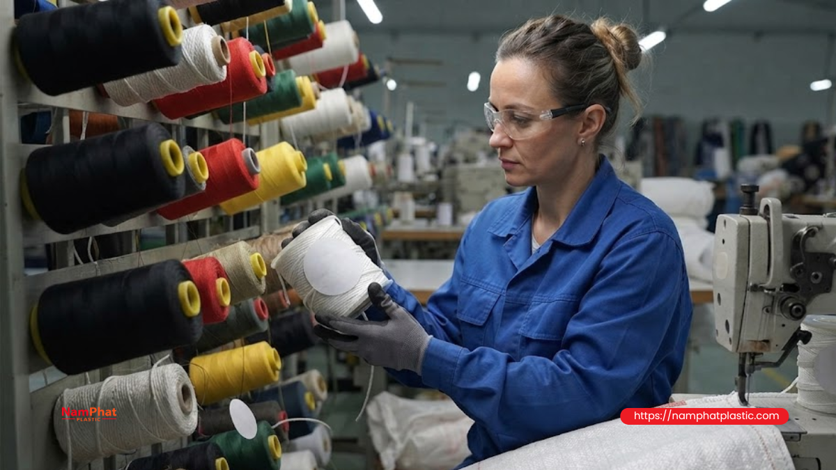 Công nhân thay cuộn chỉ may bao trên máy may công nghiệp
