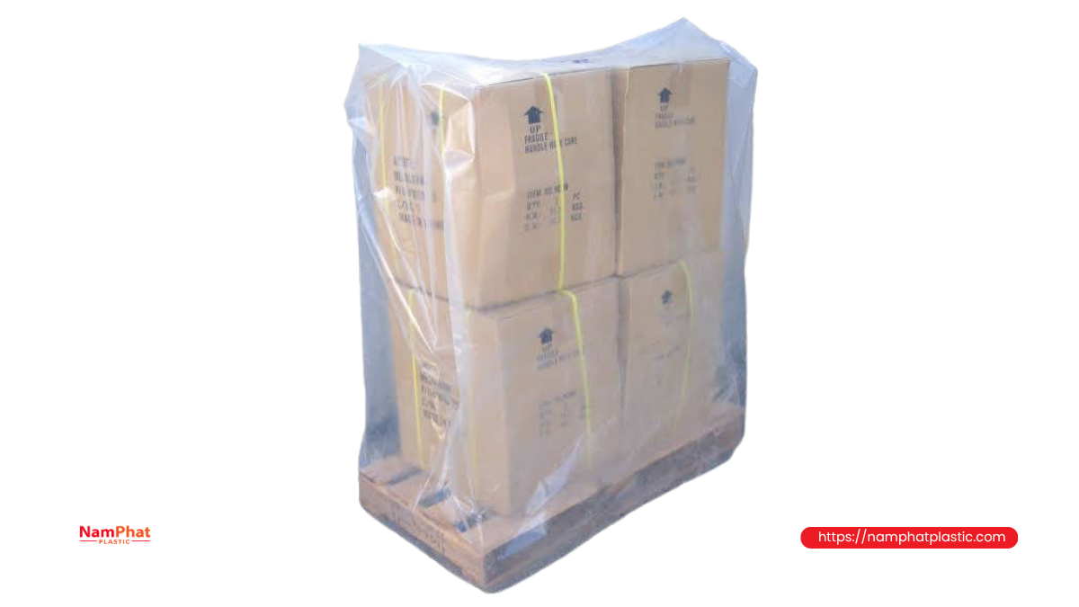 Túi trùm pallet trong suốt phủ kiện thùng carton Túi trùm pallet trong suốt phủ kiện thùng carton